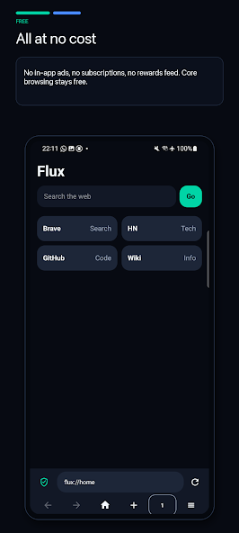 Flux Browser privacy and browsing screen